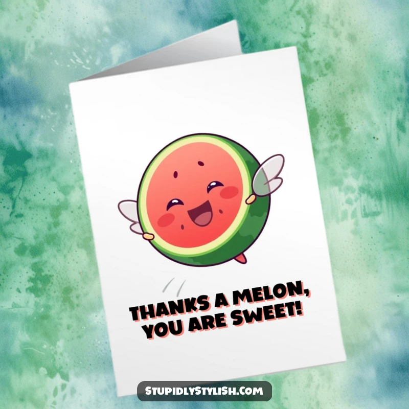 Funny Free Printable Thank You Card: A happy watermelon slice soaring through the air with a message of thanks.