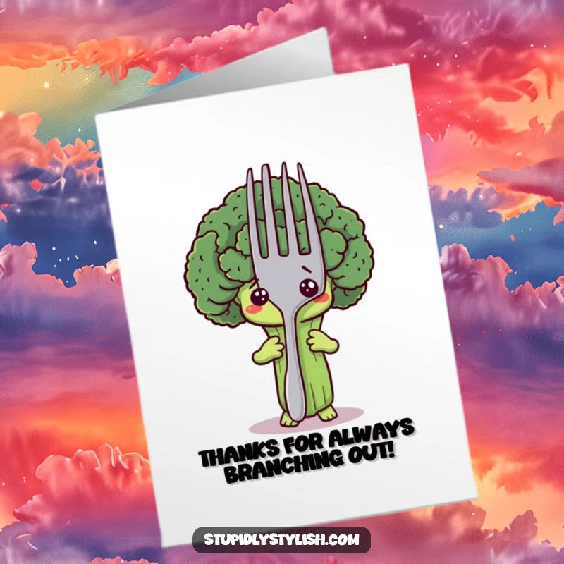 Funny Free Printable Thank You Card: Scared broccoli character hiding behind a giant fork, offering thanks humorously.