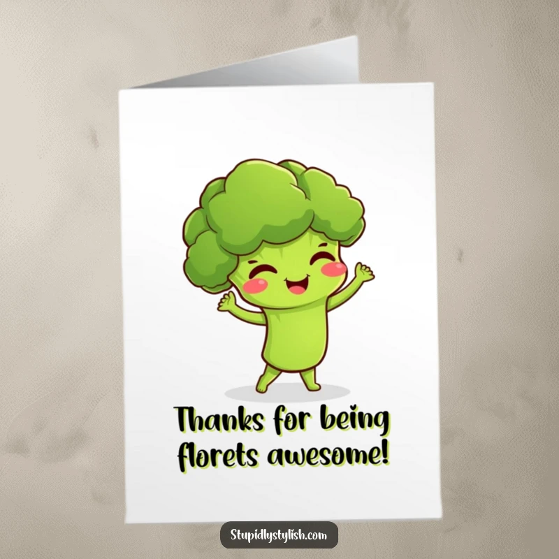 Funny Free Printable Thank You Card: A giggling broccoli character dances with joy, offering thanks. Easy DIY download.