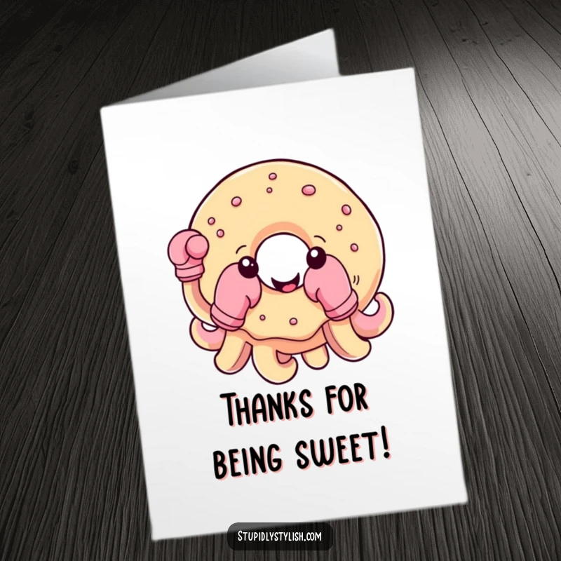 Funny Free Printable Thank You Card: A happy round donut with boxing gloves on its tentacles, saluting.