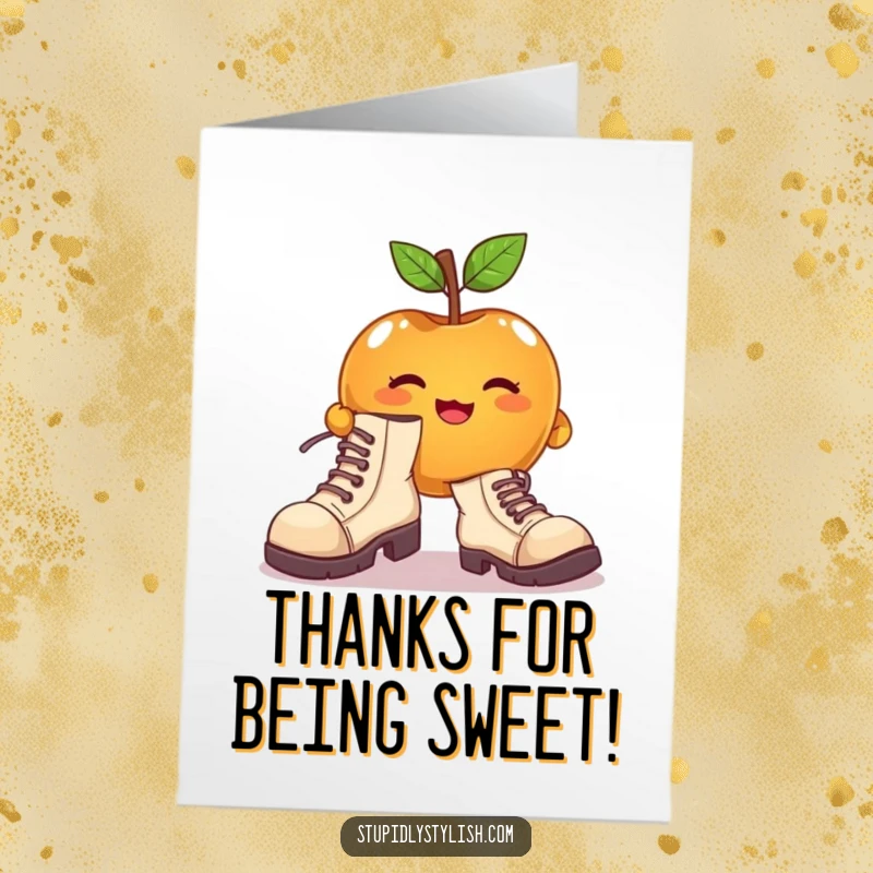 Funny Free Printable Thank You Card: a cute apple character attempting to wear enormous, mismatched shoes, offering heartfelt thanks.