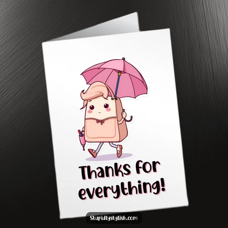 Free Printable Thank You Card: A sassy handbag character struts with a tiny matching umbrella, offering fashionable thanks. Printable.