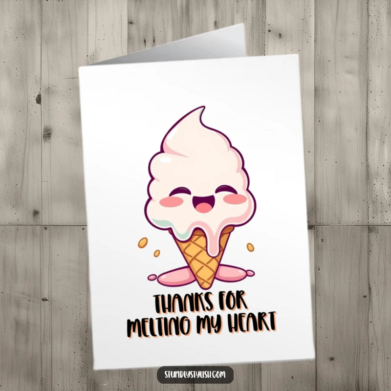Funny Free Printable Thank You Card depicting a giggling ice cream cone dramatically melting while conveying thanks.