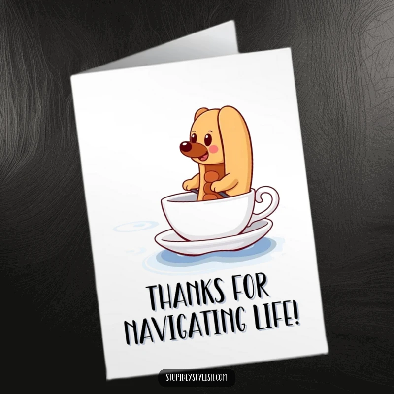 Funny Free Printable Thank You Card depicting a determined hot dog paddling a teacup bravely across an immense ocean.