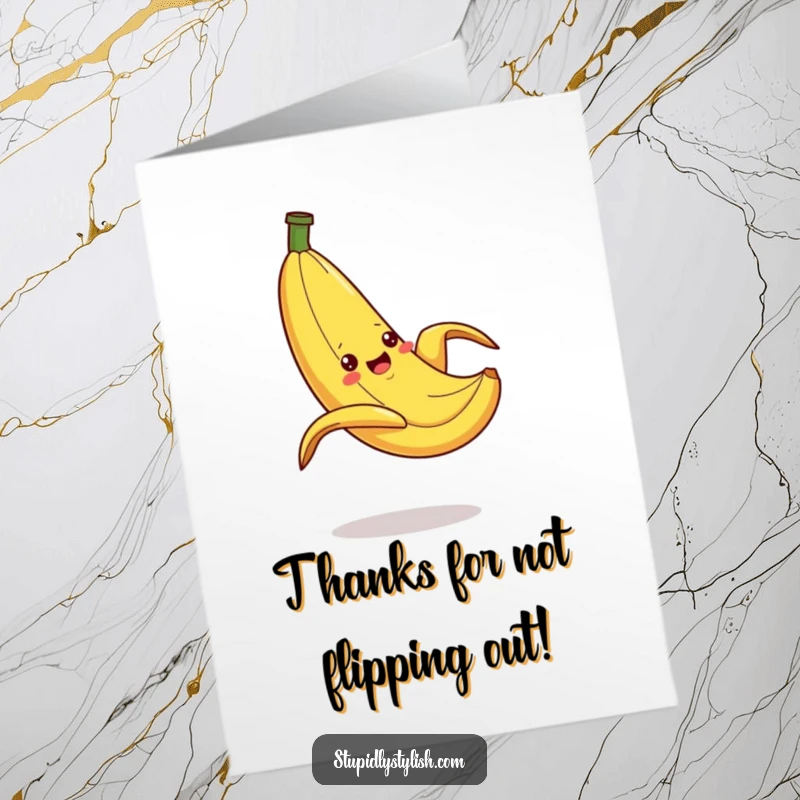 Funny Free Printable Thank You Card featuring a banana in a dramatic slip on a peel, adding humor to gratitude.