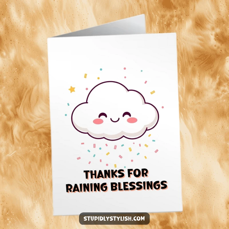 Funny Free Printable Thank You Card: A happy cloud is raining colorful confetti, offering a cheerful and festive thank you greeting.