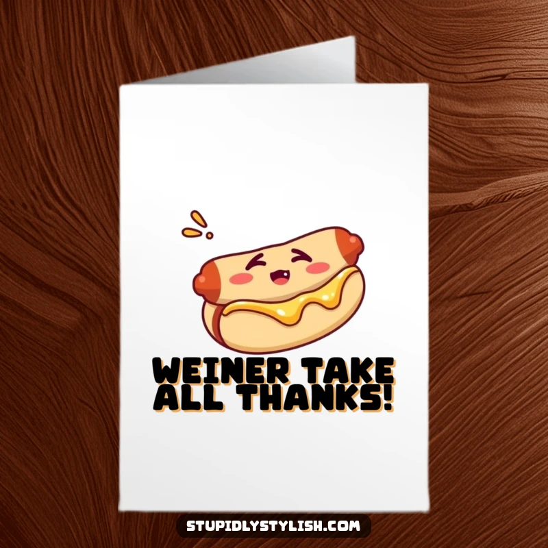 Funny Free Printable Thank You Card: A hot dog in a bun has a confused expression, conveying thanks.