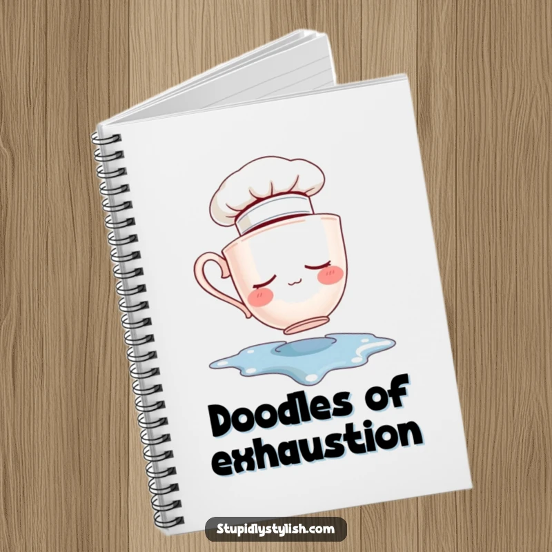 Funny notebook cover with a sleepy teacup chef hat falling into a puddle. Ideal for jotting down cooking notes.