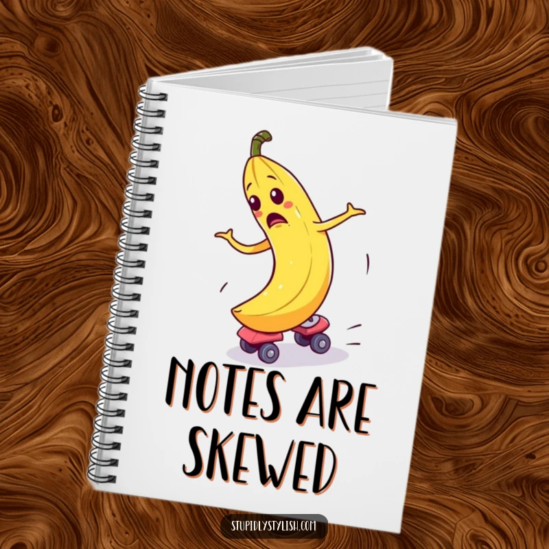 Funny Notebook with a bewildered banana comically spinning out of control on roller skates, ready for notes and hilarious ideas.