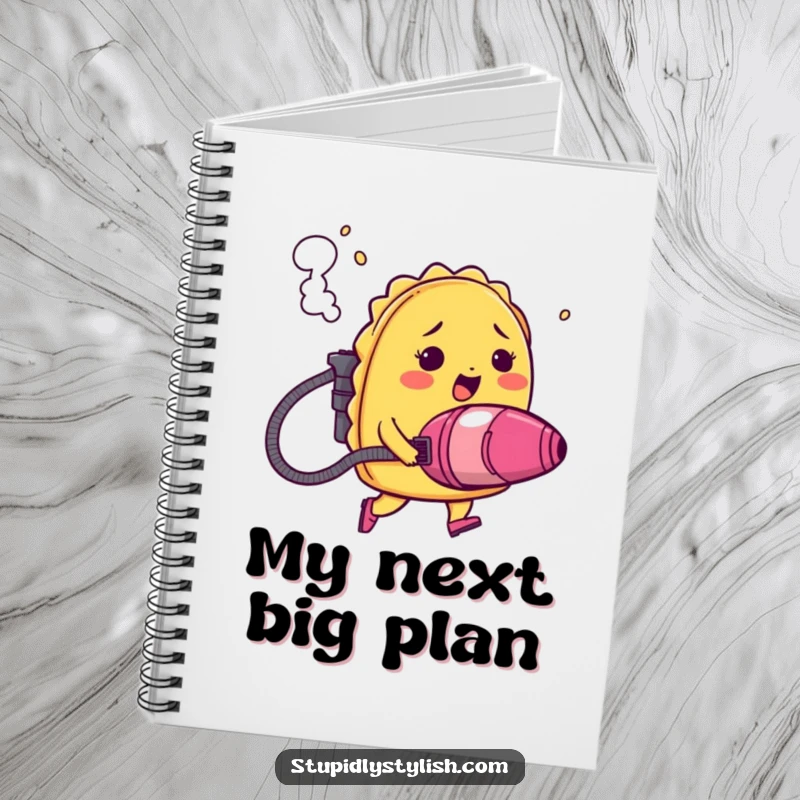 Funny notebook cover with a blushing taco using a vacuum cleaner as a jetpack, smoke billowing out, a humorous and creative design.