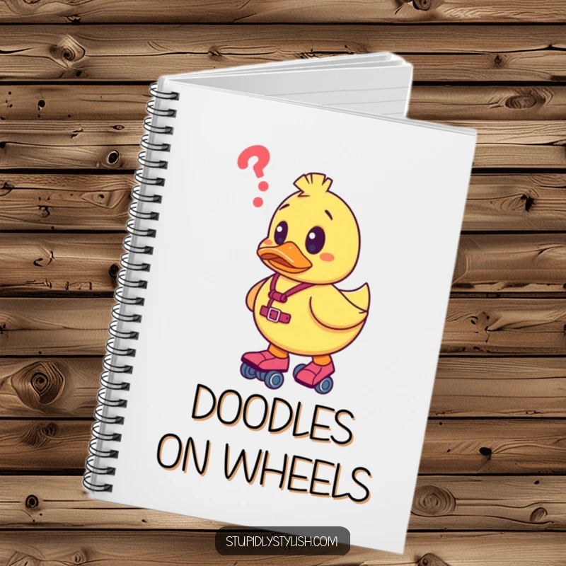 Funny notebook cover featuring a confused rubber duck character on roller skates, encouraging note-taking with a humorous, adventurous vibe.