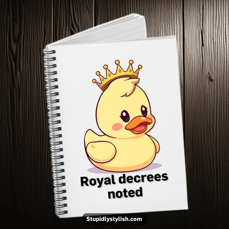 Funny Notebook: A rubber duck with a small crown, looking surprised, perfect for journaling.