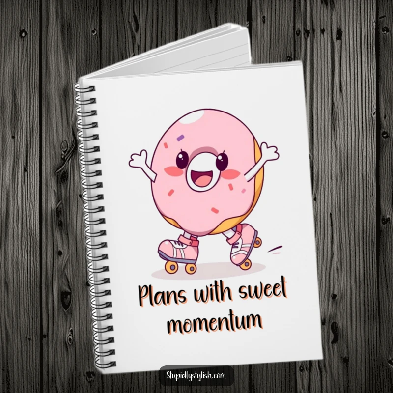 Funny notebook featuring a joyful donut character on roller skates, spinning. Ideal for notes and plans.