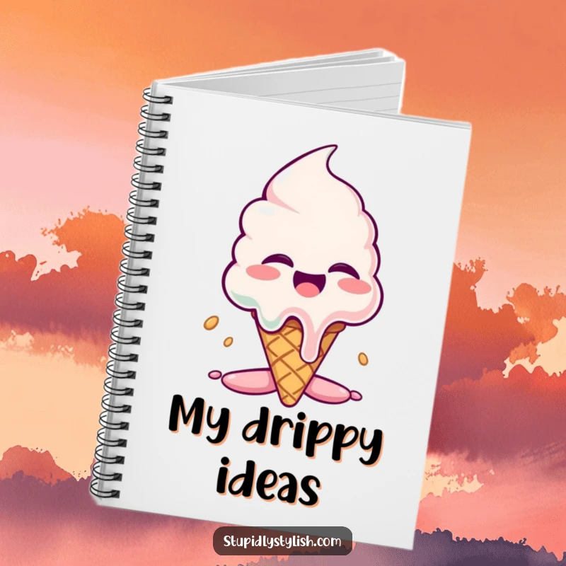 Funny notebook: A giggling ice cream cone depicted melting dramatically across the cover, perfect for jotting down sweet ideas.