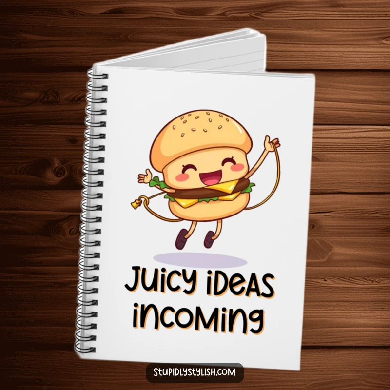 Funny Hamburger Notebook featuring a giggling hamburger jumping rope with cheese, perfect for journaling fun ideas.