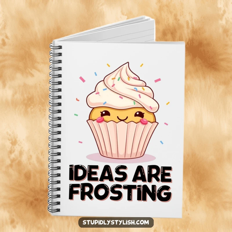 Funny notebook cover featuring an ecstatic cupcake with a delightful, chaotic shower of sprinkles flying around it, encouraging creative expression.