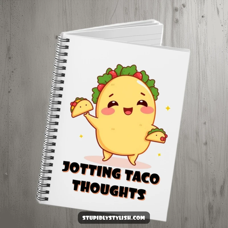 Funny Notebook: A blushing taco juggling small tacos, perfect for journaling.