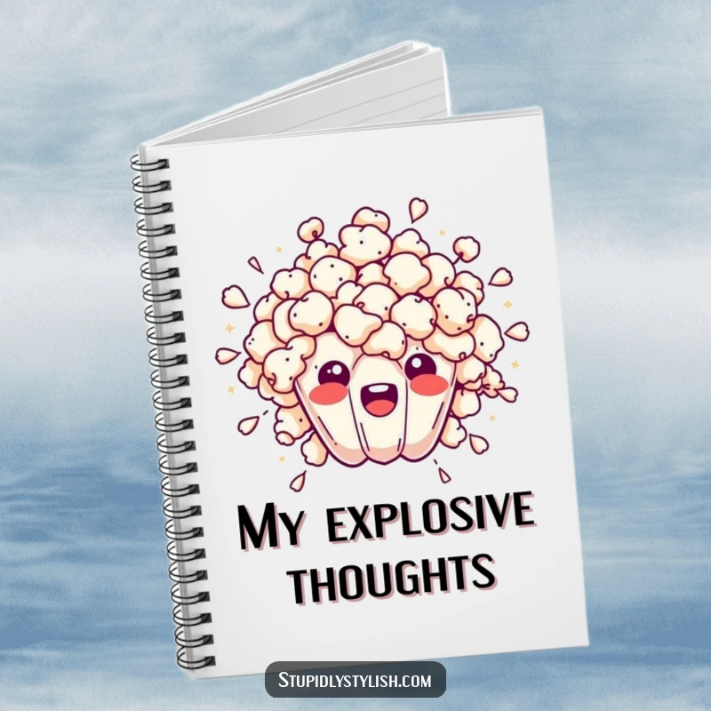 Funny notebook cover featuring an overwhelmed popcorn kernel exploding outwards, perfect for jotting down ideas and notes.