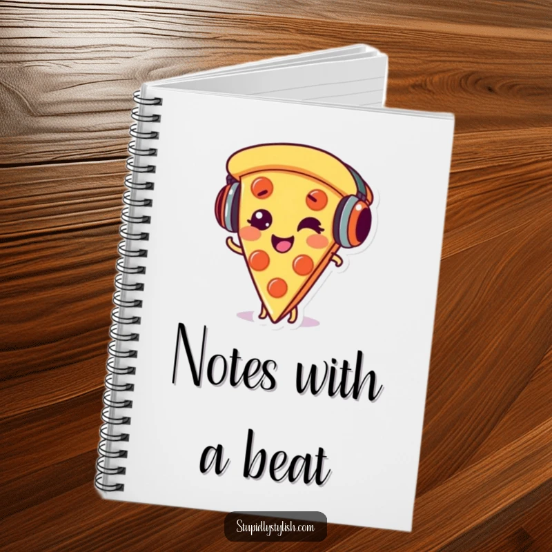 Funny notebook featuring a giggling pizza slice with headphones, ideal for jotting notes with a musical and humorous theme.