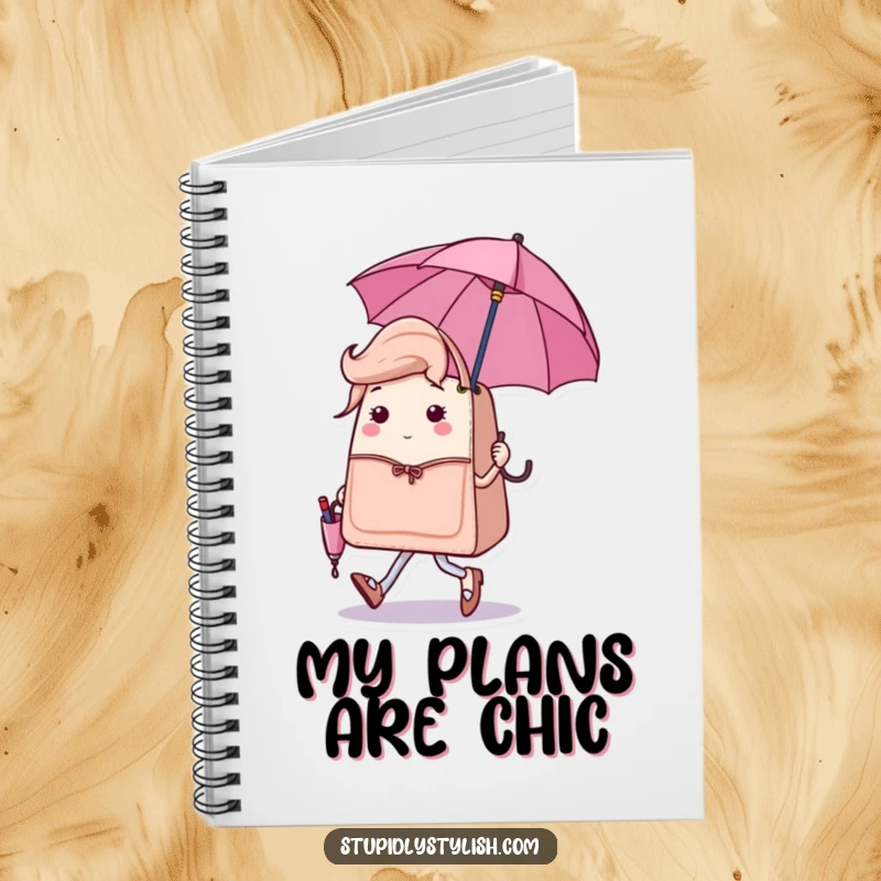 Funny notebook cover with a sassy handbag character strutting with a miniature, matching umbrella, ideal for stylish note-taking.