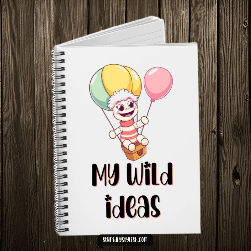 Funny notebook cover featuring a sock puppet giggling on a huge, escaping balloon, eyes wide. Perfect for capturing funny thoughts.