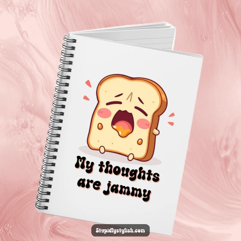 Funny Notebook cover with a tired toast character yawning widely with jam, inspiring creative thoughts and humorous, sleepy note-taking sessions.