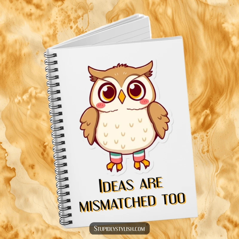 Funny owl notebook cover displaying a surprised owl sporting mismatched socks, designed for jotting down notes with a humorous, lighthearted touch.