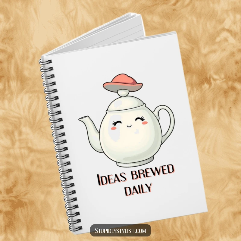 Funny notebook cover with a stylish teapot character wearing a miniature, fashionable hat, ideal for elegant note-taking.