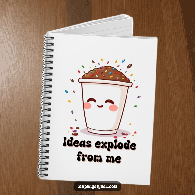 Funny notebook cover with a happy coffee cup character sneezing a delightful cascade of sprinkles, designed for humor and creativity.