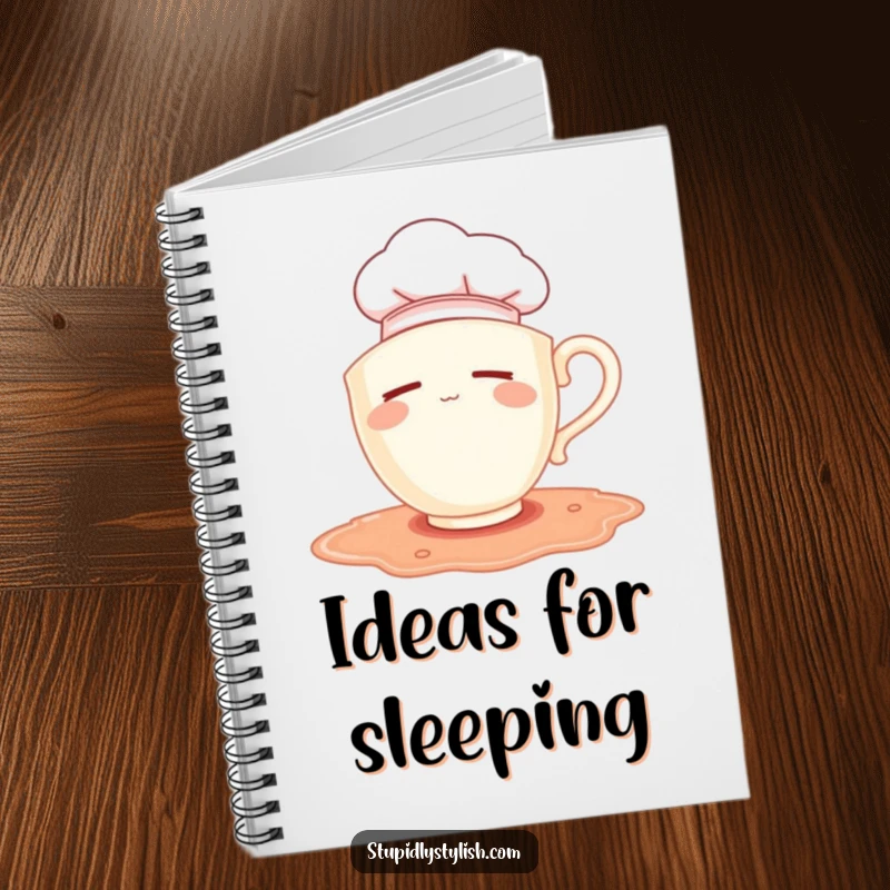 Funny notebook: sleepy teacup chef falling into a puddle, ideal for jotting down humorous ideas.