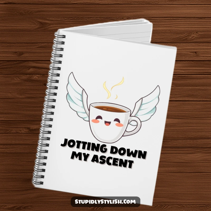Funny notebook with a startled coffee cup and wing-like steam, perfect for jotting down ideas with a humorous and energized spirit.