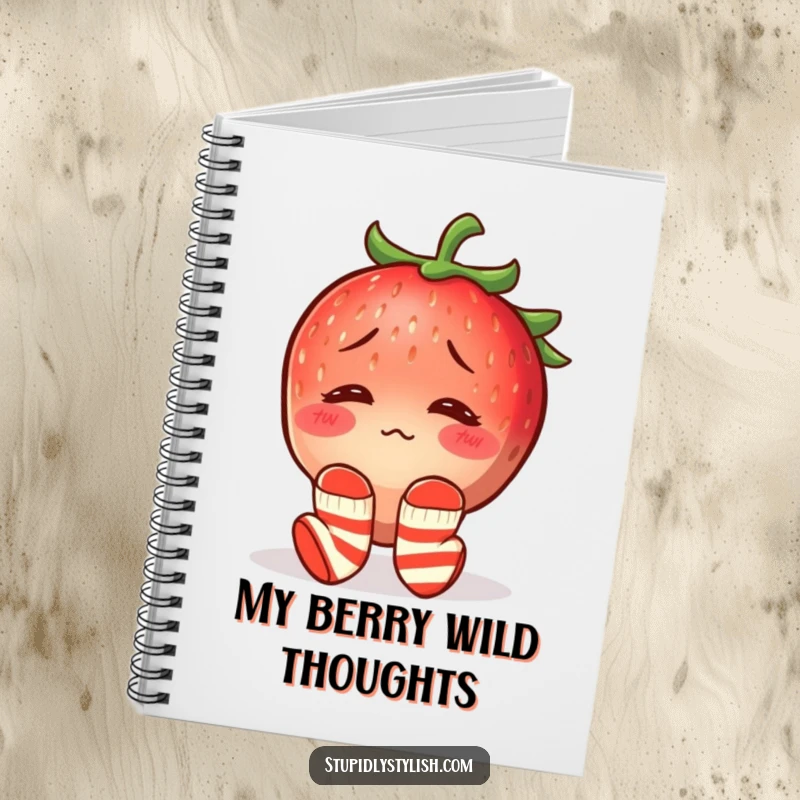 Funny notebook with a confused, blushing strawberry wearing mismatched socks, ideal for jotting down notes with adorable humor.