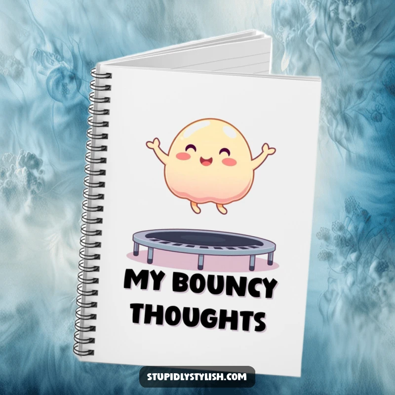 Funny notebook with a cover illustration of a happy, wobbly jelly blob bouncing high on a trampoline, inspiring creativity.