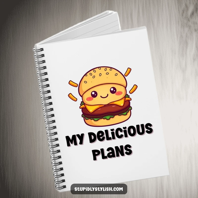 Cute smiling burger character juggling falling fries, perfect for a notebook that inspires culinary creativity and food-themed humor.
