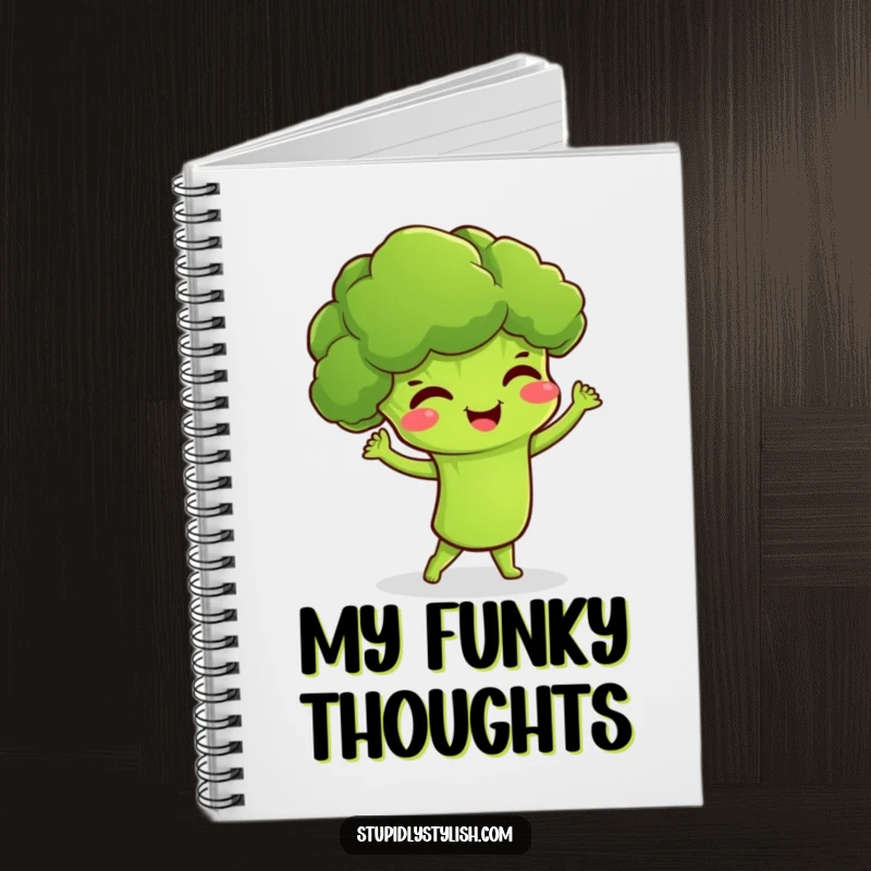 Funny notebook with a giggling broccoli character doing a silly dance, perfect for capturing creative and humorous thoughts.