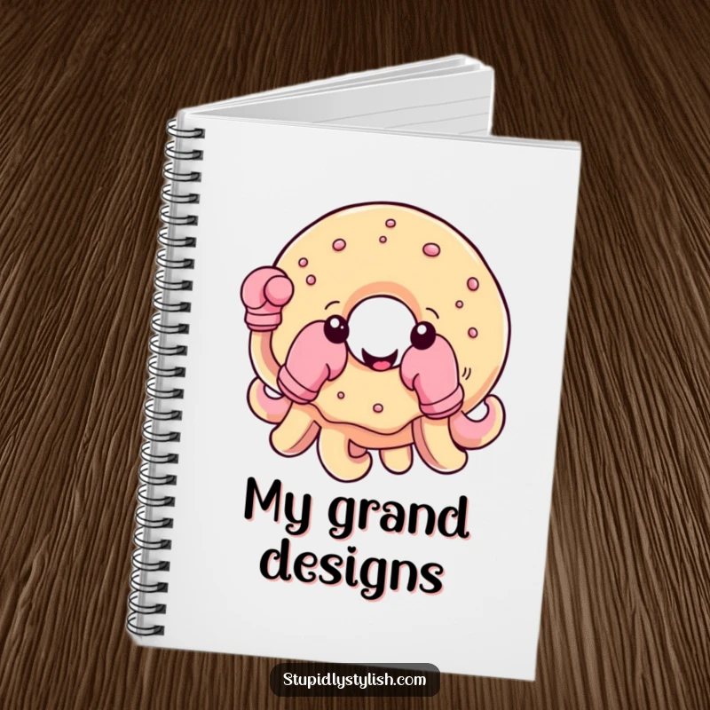 Funny notebook cover featuring a cheerful, round donut with boxing gloves on its tentacles, inspiring energetic notes.