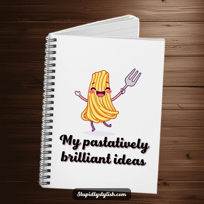 Funny notebook with a joyful, dancing spaghetti strand and a fork, ideal for jotting down delicious ideas with humor.