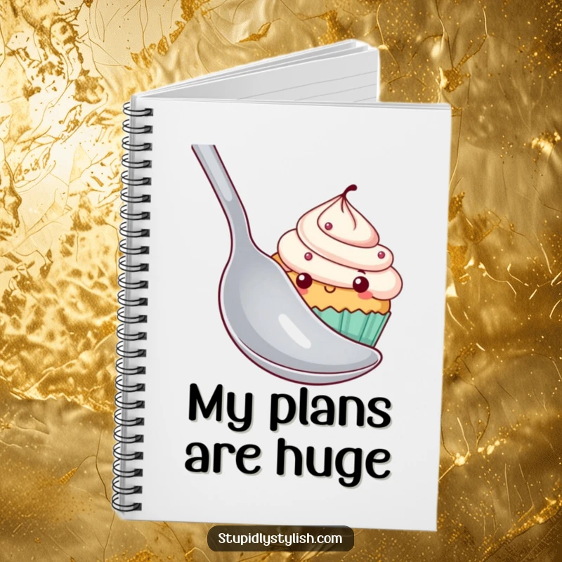 Funny shy cupcake notebook cover featuring a cute cupcake hiding behind a large spoon, designed for jotting down notes with endearing humor.