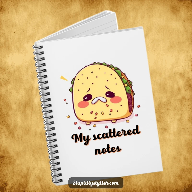 Funny notebook cover with a sneezing taco and scattered fillings, ideal for notes and creative writing.