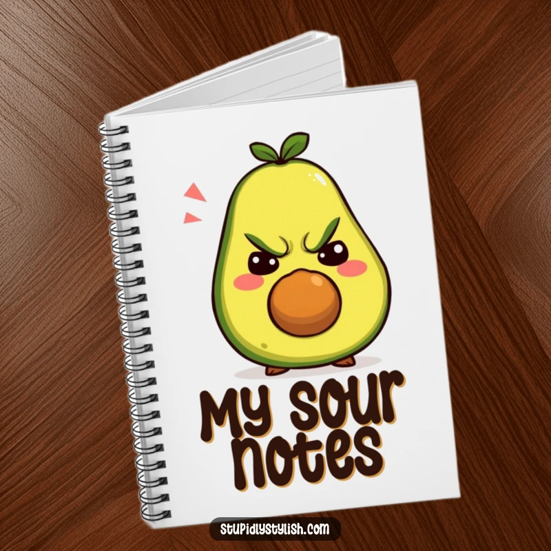 Funny notebook: A grumpy avocado’s face shifts through various comical, silly expressions on the cover, perfect for jotting notes.