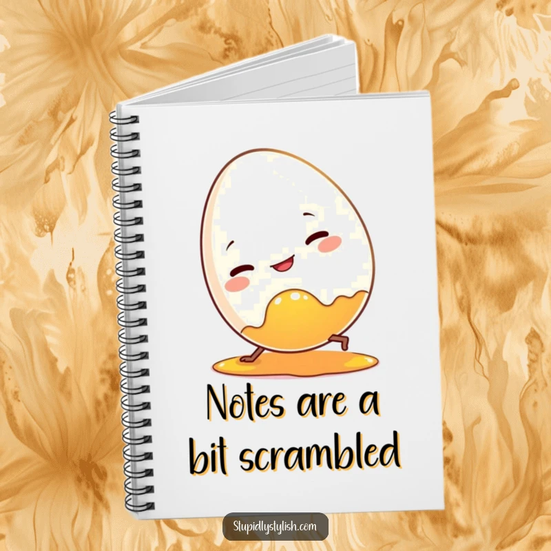 Funny notebook featuring a clumsy egg character tripping over its own yolk. Perfect for notes and doodles.