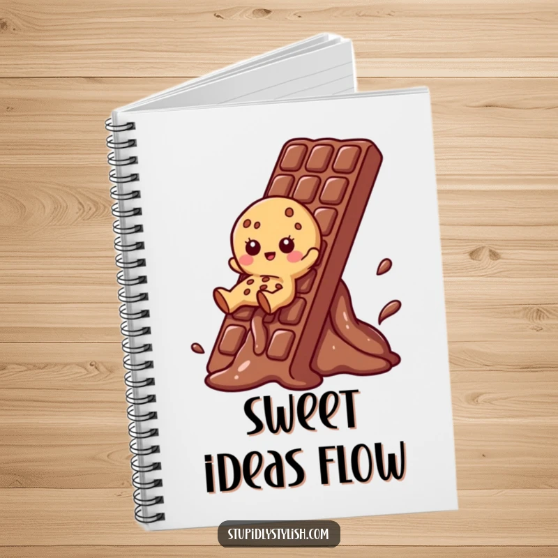 Funny Cookie Notebook featuring a cookie character sliding down a melting chocolate bar, perfect for journaling sweet ideas.