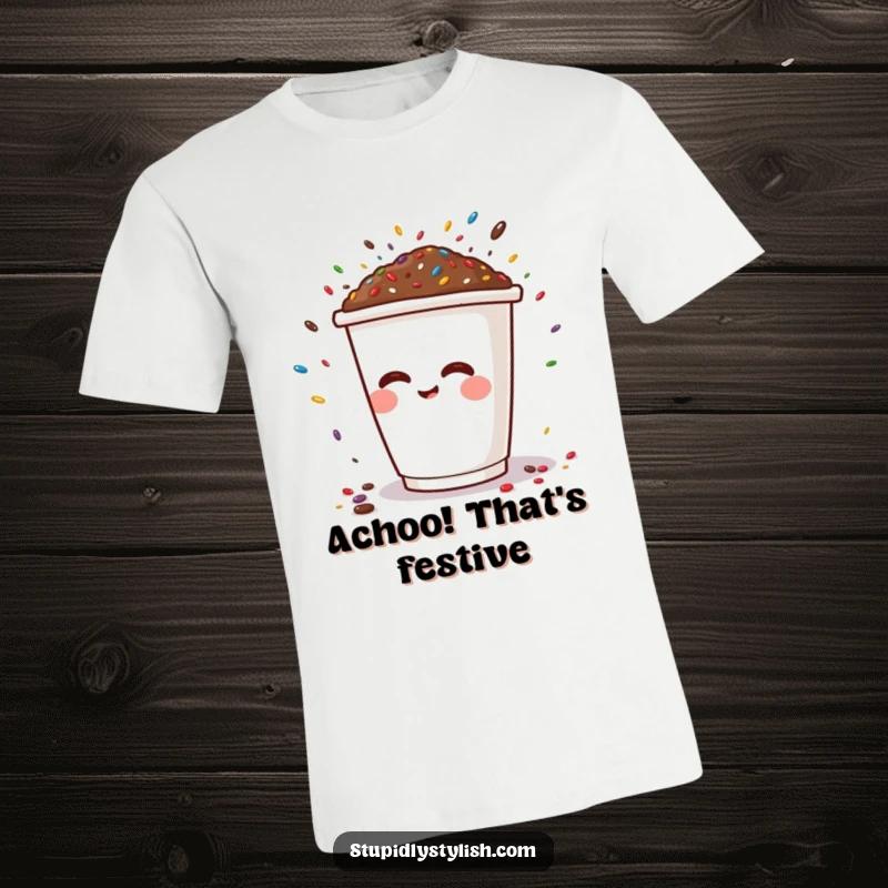 Funny t-shirt depicting a smiling coffee cup character sneezing a vibrant cascade of sprinkles, perfect for humor lovers.