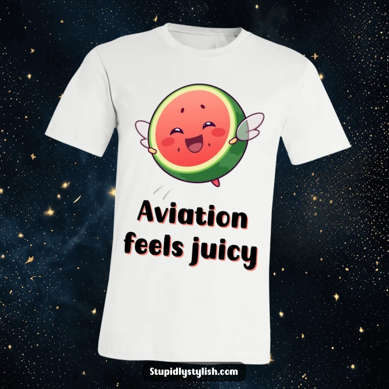 Funny t-shirt showcasing a happy watermelon slice passionately attempting to take flight, embodying pure, unadulterated fun.