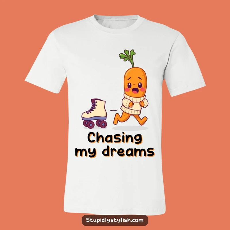 Funny Carrot Chase T-Shirt: Bewildered Veggie Roller Skate Humor Tee