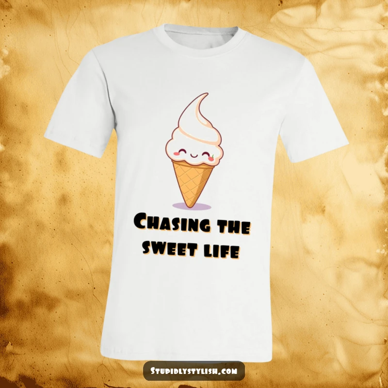Funny t-shirt with a silly, grinning ice cream cone reaching for a falling cherry, perfect for dessert lovers.