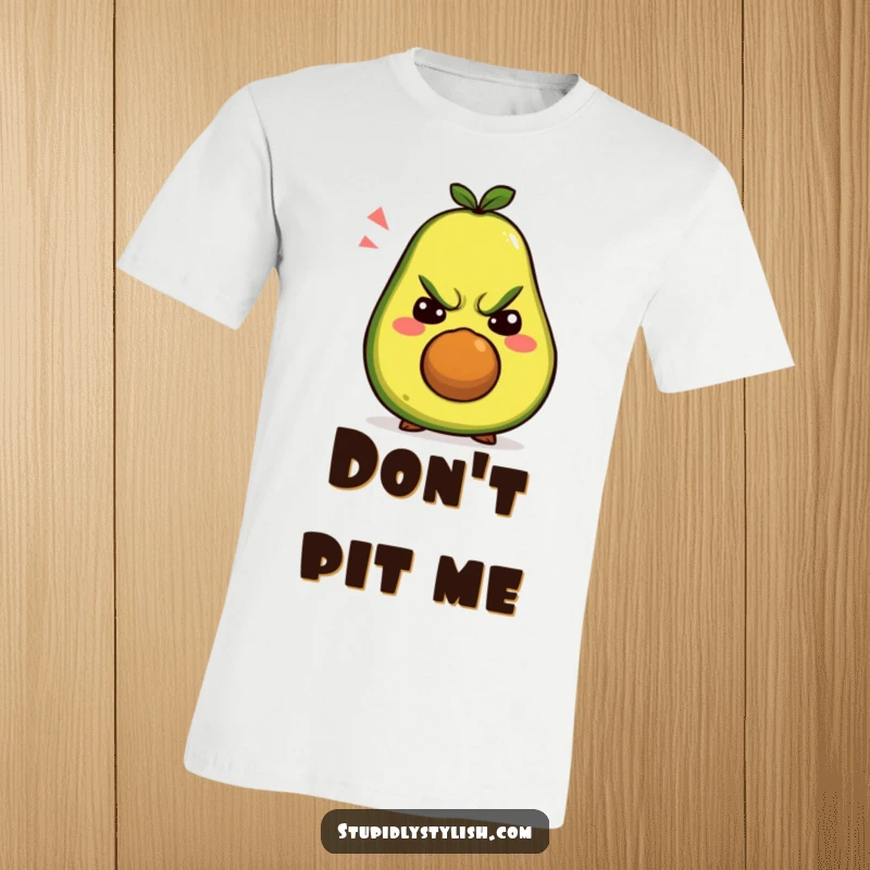 Funny t-shirt: A grumpy avocado with a comical expression, making a range of silly and exaggerated faces.