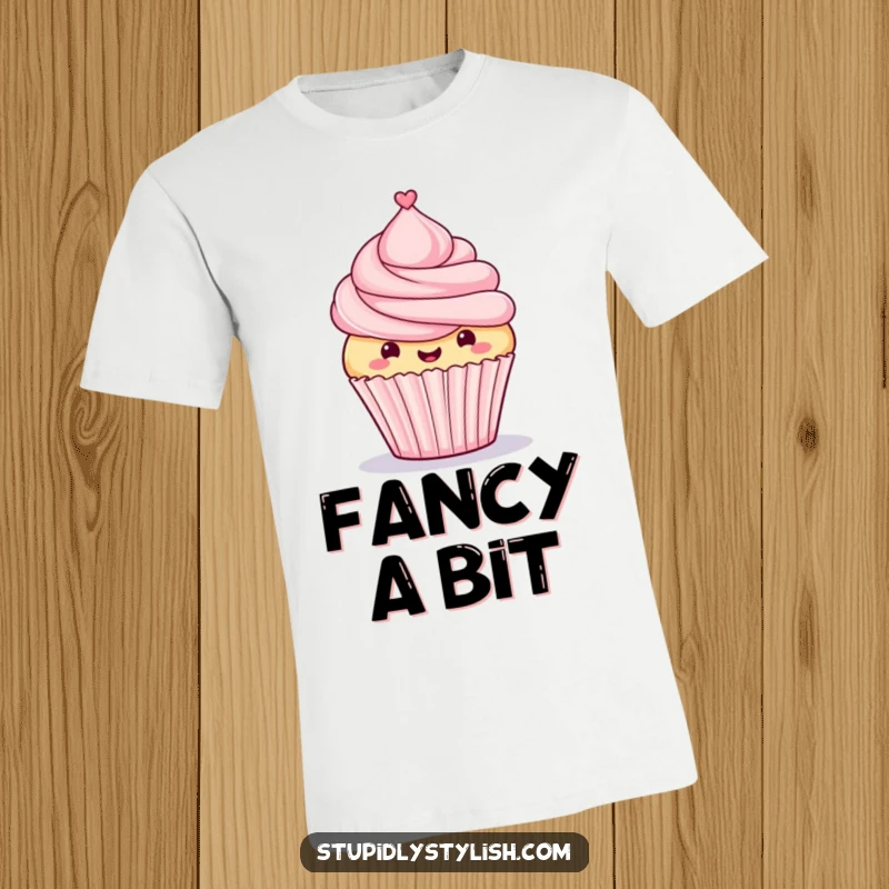 Funny t-shirt featuring a proud cupcake sporting a tiny top hat, representing a sophisticated and celebratory treat.