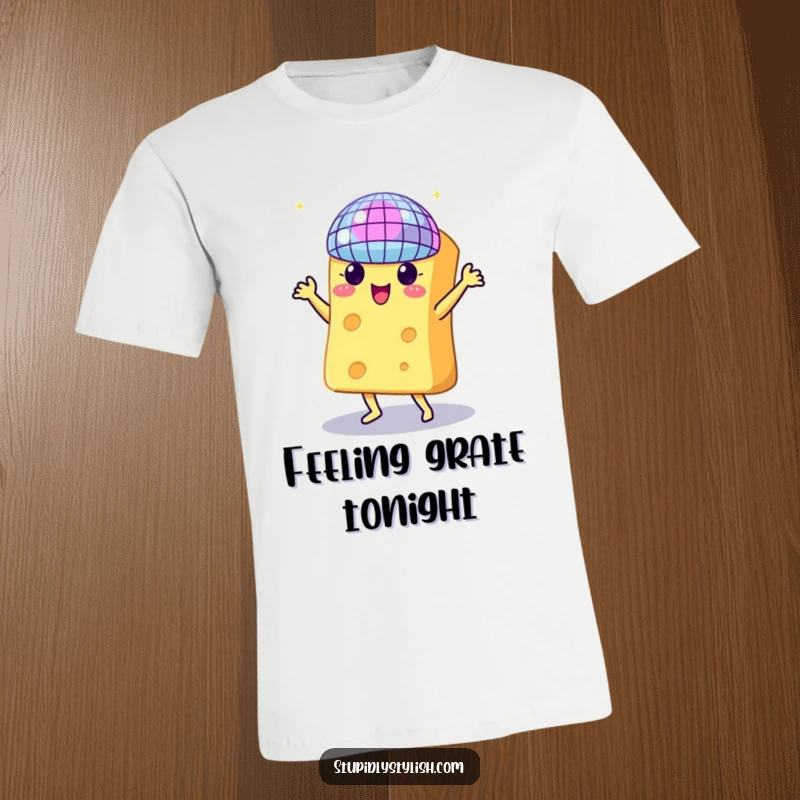 Funny t-shirt showing a piece of cheese busting a move under a disco ball, perfect for dance parties.