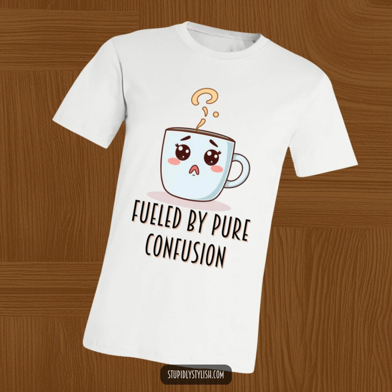 Funny t-shirt featuring a surprised coffee mug character whose steam forms a question mark. Relatable morning vibes.